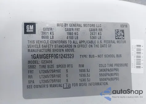 2016 Chevrolet Express 2500 Ls z USA, uszkodzony, nr VIN 1GAWGEFF0G1242329